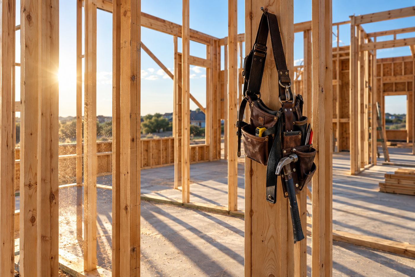 Fresh lumber framing on a new home with a tool belt on a stud
